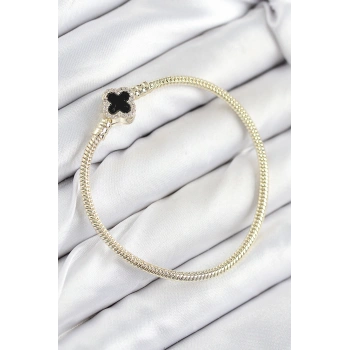 VipMarketim Pirinç Charm Zirkon Taşlı Yonca Model Gold Renk Kadın Bileklik 5886