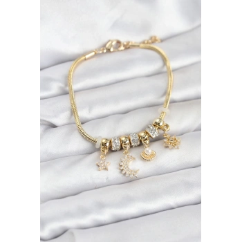 VipMarketim Pirinç Gold Renk Ay Charm Model Charmlı Kadın Bileklik 5886