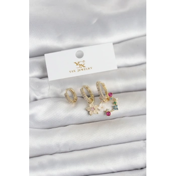 VipMarketim Pirinç Gold Renk Çiçek Model 3lü Kadın Küpe 5886