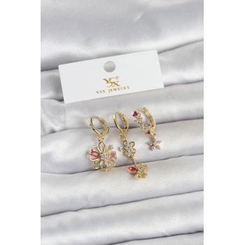 VipMarketim Pirinç Gold Renk Çiçek Model 3lü Kadın Küpe 5886