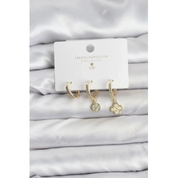 VipMarketim Pirinç Gold Renk Yonca Model 3lü Kadın Küpe Seti 5886