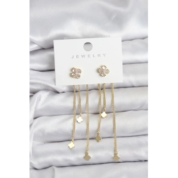 VipMarketim Pirinç Gold Renk Yonca Model Sallantılı Kadın Küpe 5886