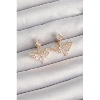 VipMarketim Pirinç Gold Renk Zirkon Taşlı V Model Küpe 5886