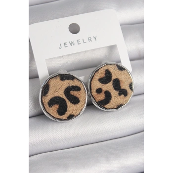VipMarketim Pirinç Gümüş Renk Daire Plaka Model Leopar Desenli Kadın Küpe 5886