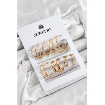 VipMarketim Pirinç Karışık Halka Model Gold Renk 6 Çift Kadın Küpe Set 5886