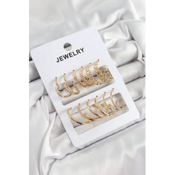VipMarketim Pirinç Karışık Halka Model Gold Renk 6 Çift Kadın Küpe Set 5886