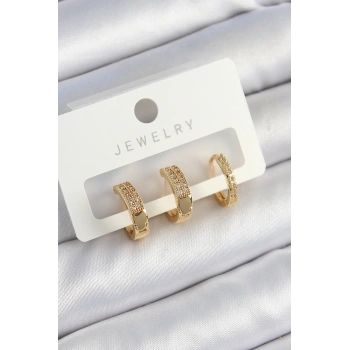 VipMarketim Pirinç Zirkon Taşlı Halka Model Gold Renk 3lü Çift Kadın Küpe Set 5886