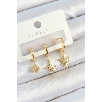 VipMarketim Pirinç Zirkon Taşlı Yıldız Model Gold Renk 3lü Çift Kadın Küpe Set 5886
