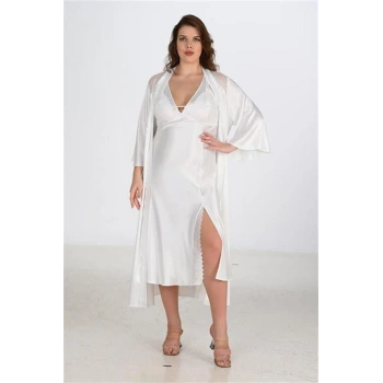 VipMarketim Premium Büyük Beden Saten Dantel İşlemeli Ekru Uzun Yırtmaçlı 2Li Gecelik Sabahlık Takımı Bigsize