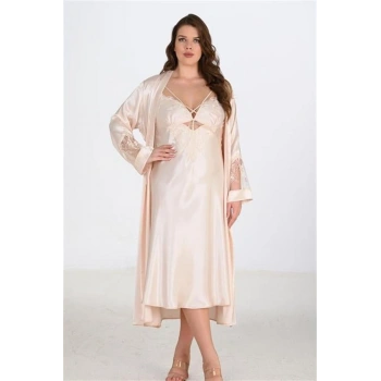 VipMarketim Premium Büyük Beden Saten Dantel İşlemeli Fil Dişi Uzun 2Li Gecelik Sabahlık Takımı Bigsize