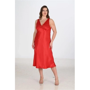 VipMarketim Premium Büyük Beden Saten Dantel İşlemeli Kırmızı 2Li Gecelik Sabahlık Takımı Bigsize