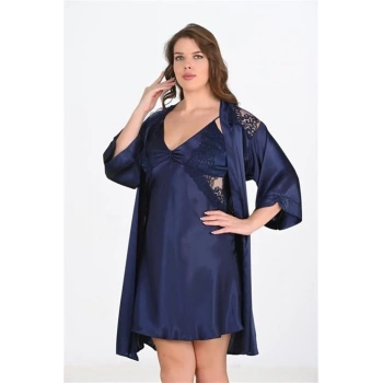 Vipmarketim Premium Büyük Beden Saten Dantel İşlemeli Lacivert 2li Gecelik Sabahlık Takımı Bigsize