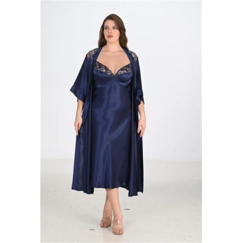 VipMarketim Premium Büyük Beden Saten Dantel İşlemeli Lacivert Uzun 2Li Gecelik Sabahlık Takımı Bigsize