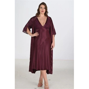 VipMarketim Premium Büyük Beden Saten Dantel İşlemeli Mürdüm Uzun 2Li Gecelik Sabahlık Takımı Bigsize