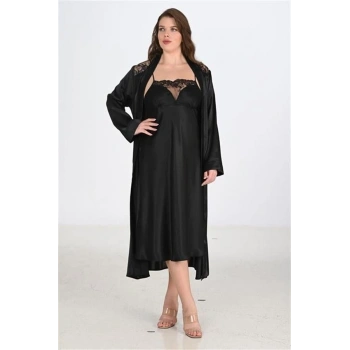 Vipmarketim Premium Büyük Beden Saten Dantel İşlemeli Siyah 2li Gecelik Sabahlık Takımı Bigsize