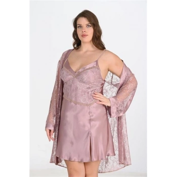 Vipmarketim Premium Büyük Beden Saten Dantel İşlemeli Vizon 2li Gecelik Sabahlık Takımı Bigsize
