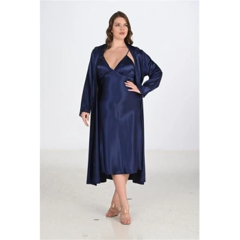 VipMarketim Premium Büyük Beden Saten Lacivert Uzun 2Li Gecelik Sabahlık Takımı Bigsize