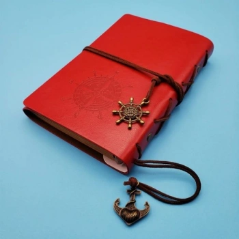 VipMarketim Pusula Tasarımlı Kırmızı Deri Defter