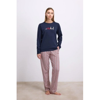 VipMarketim Rahat Ve Şık %100 Pamuklu Uzun Kol Sweatshirt Ve Ekose Pantolon Pijama Takımı