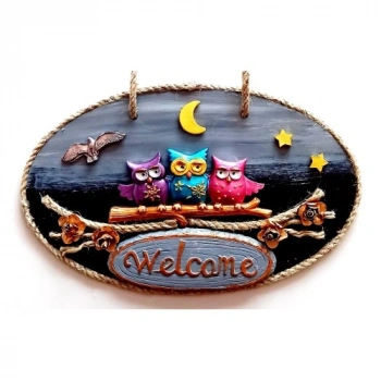 VipMarketim Renkli Baykuşlu Welcome Yazılı El Yapımı Kapı Süsü