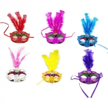 VipMarketim Renkli Tüylü Venedik Parti Maskesi Karışık Renk 12 Adet
