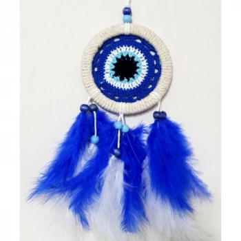 VipMarketim Saks Mavisi Kuş Tüylü Nazar Boncuğu Motifli El Yapımı Duvar Süsü