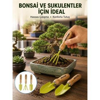 VipMarketim Saksı Bitkileri İçin Bahçe El Aleti Seti Ergonomik Ahşap Saplı