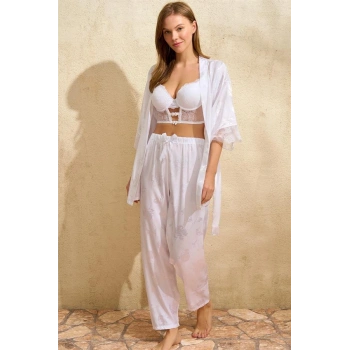 VipMarketim  Saten Çiçek Desenli Dantelli Sabahlık Balenli Destekli Dolgulu Büstiyer Sütyen Ve Pantolon Pijama 3lü Takım