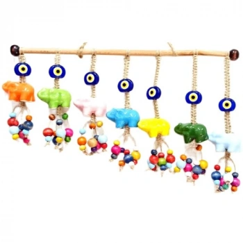 VipMarketim Seramik Yedi Adet Filli Nazar Boncuklu Rengarenk Tahta Boncuklu Kapı, Duvar ve Bahçe Süsü