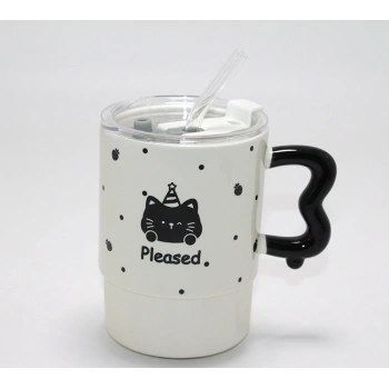 VipMarketim Sevimli Ayı Figürlü Pipetli Kapaklı Porselen Kupa Bardak