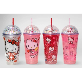 VipMarketim Sevimli Hello Kitty Pipetli Işıklı Boncuklu Suluk Bardak 400 ml