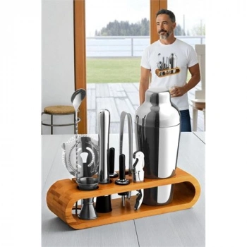VipMarketim Shaker Kokteyl Set - 10 Parça 750 ML Shaker Coctail Set Bambu Standlı