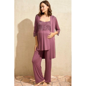 VipMarketim Sıfır Kol Oyuk U Yaka Viskon Düz Yazlık Uzun Dantel Detaylı Hamile Pijama Takımı Sabahlık Anıl (Kod:5778)