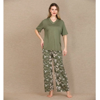 Vipmarketim Şık Tasarım Çiçek Desenli Yeşil Kısa Kol Viskon Pijama Takımı
