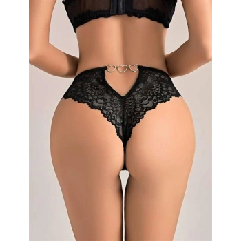 VipMarketim  Siyah Dantel İşlemeli Arkası Kalp Detaylı Fantezi String Tanga