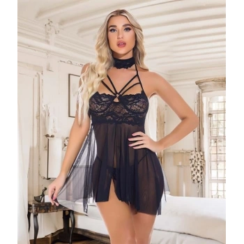 VipMarketim  Siyah Dantel İşlemeli Fantezi Tül Gecelik Takımı