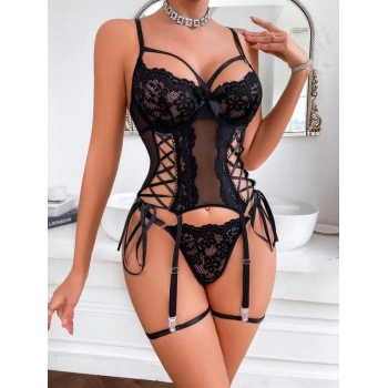 VipMarketim  Siyah Dantel İşlemeli Göğüs Dekolteli İp Detaylı Fantezi Jartiyer Takımı