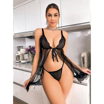 VipMarketim  Siyah Dantel İşlemeli Önden Bağlamalı Fantezi Şık Tül Gecelik