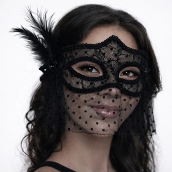 VipMarketim Siyah Dantel Tüllü Peçeli Parti Maskesi - Tüylü İnci Detaylı