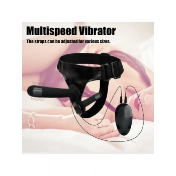 VipMarketim Siyah Double Dong Titreşimli Belden Bağlamalı Çift Taraflı Bisex Dildo Vibratör