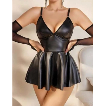 VipMarketim  Siyah Etekli Fantezi Deri Elbise