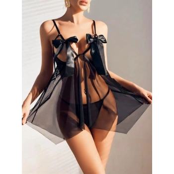 VipMarketim  Siyah Göğüsleri Kurdela Detaylı Fantezi Şık Tül Gecelik