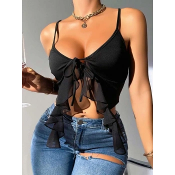VipMarketim  Siyah İnce Askılı Önden Bağlamalı Fırfır Detaylı Crop