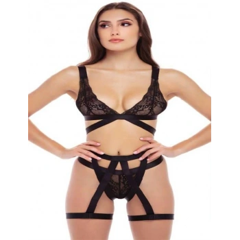 VipMarketim  Siyah İp Aksesuarlı Fantezi Jartiyer Takım