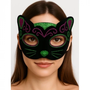 VipMarketim Siyah Kadife Kaplama Üzeri Pembe Yeşil Sim İşlemeli Kedi Maskesi 20x13 cm