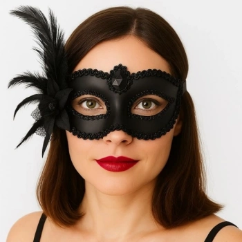 VipMarketim Siyah Mat Renk Yandan Tüylü Güllü Parti Balo Venedik Maskesi 16x22