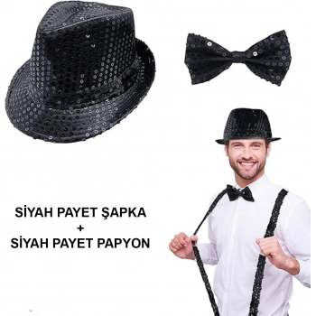 VipMarketim Siyah Payetli Şapka ve Papyon Seti – Parıltılı Yetişkin Kostüm Seti