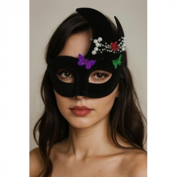 VipMarketim Siyah Renk İncili Taşlı Süet Kaplama Venedik Parti Maskesi 20x22 cm