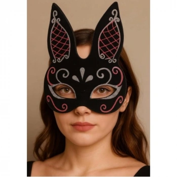 VipMarketim Siyah Renk Kırmızı Beyaz Simli Siyah Süet Kaplama Tavşan Maskesi 18x16 cm