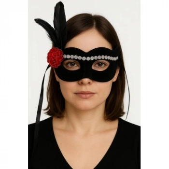 VipMarketim Siyah Renk Süet Kaplama Gümüş Dantelli Kırmızı Gül Tasarımlı Parti Maskesi 18x20 cm
